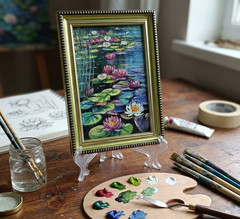 Water Lilies Original Oil Painting 6×4 Framed Signed Lotus Lake Landscape Art