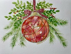 Pamela Wilhelm original Watercolor & Ink 7.75”x5.75” Christmas Bow Watercolor