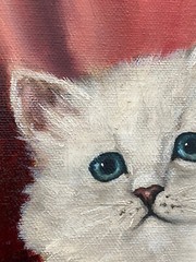 Janet Holmes Antique 1930s Deco Cat Kitten Pansy Flower Wagon Portrait Painting