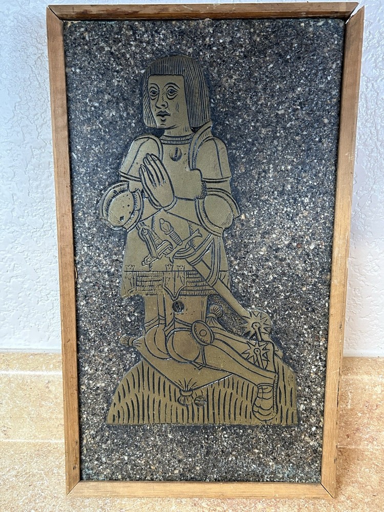 THOMAS GOLDE Brass Rubbing On Faux Granite Wall Hanging Decor Frame 14.5 x 8.5”