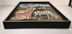 Safari Folk Art Painting Zebra Giraffes Tinga Tinga 9″ X 11″ Signed Framed