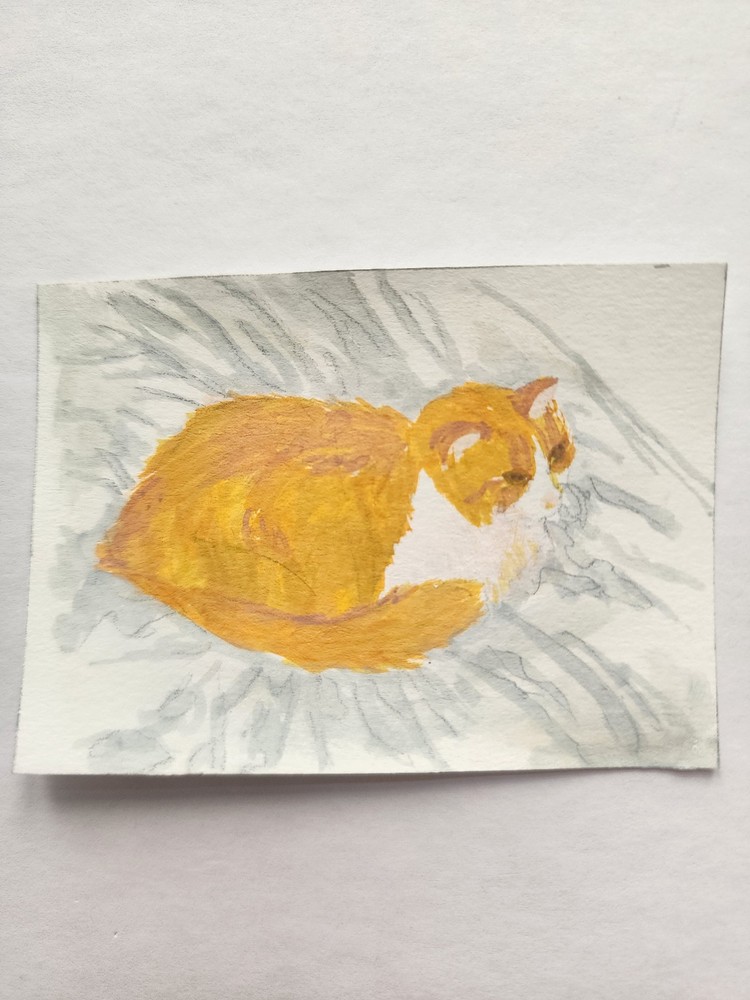 ACEO Original Acrylic Painting Abstract Fluffy Orange White Tabby Cat by Kiva
