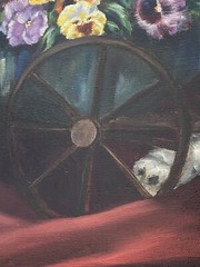Janet Holmes Antique 1930s Deco Cat Kitten Pansy Flower Wagon Portrait Painting