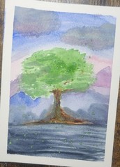 A Lone Tree Colorful Abstract Impressionist Original Watercolor 5×7 Signed