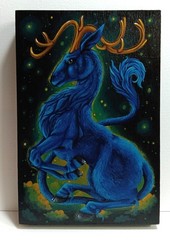 Original wood painted art/fantasy blue stag/birch wood/acrylic/OOAK