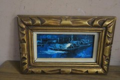 VINTAGE SIGNED ORIGINAL OIL ON BOARD JUNK BOATS HARBOR PAINTING FRAMED 3″ X 6″