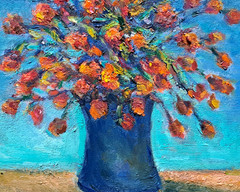 Oil Painting Red Roses Blue Vase Floral Original Still Life Framed by Donalee