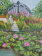 Vintage Oil Painting Waterlily pond statue and garden gate canvas signed framed