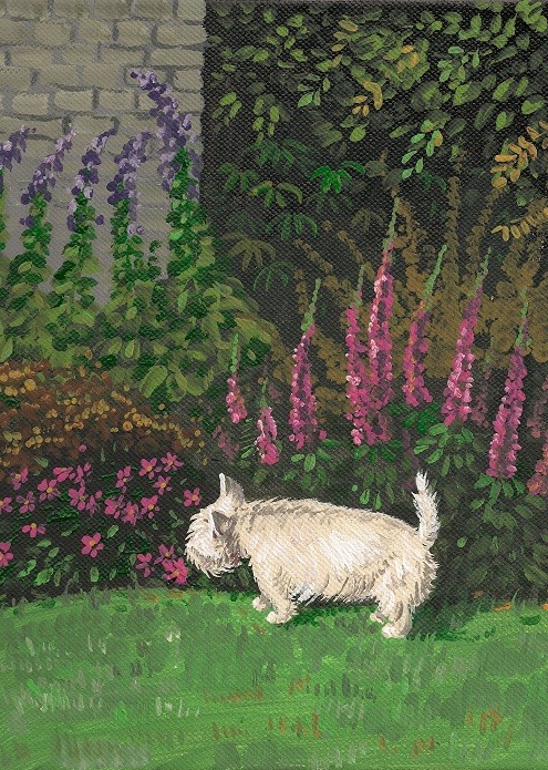 ACEO PRINT OF PAINITNG WEST HIGHLAND TERRIER RYTA dog WESTIE GARDEN flowers art