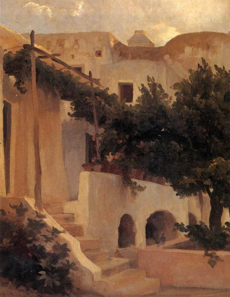Oil painting Sir-Frederic-Lord-Leighton-Garden-of-a-House-at-Capri cottage house