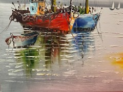 Ol Painting 20×24 Rainbow Sailboats in black and White Sea, seagulls,gray clouds