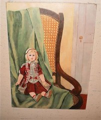 „The Tattered Red Dress“ on Antique Doll Still Life Painting-60s-Jan Gary-Listed