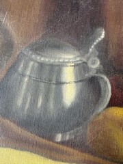 Vintage Oil Painting Still Life Pewter Pitcher Bottle Fruit Signed 1964 Framed