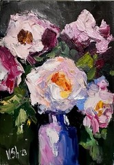 Original Oil Painting Blooming Flowers Peonies Floral Art Golden Framed 5.5×7.5″