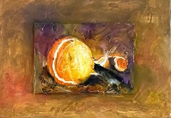 Orange peeled Original Oil Painting on Gessoed Masonite with easel 5×7 by artist