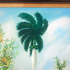 Vintage Cuban Folk Art Landscape Painting Tropical River Palm Trees Acrylic/Boar