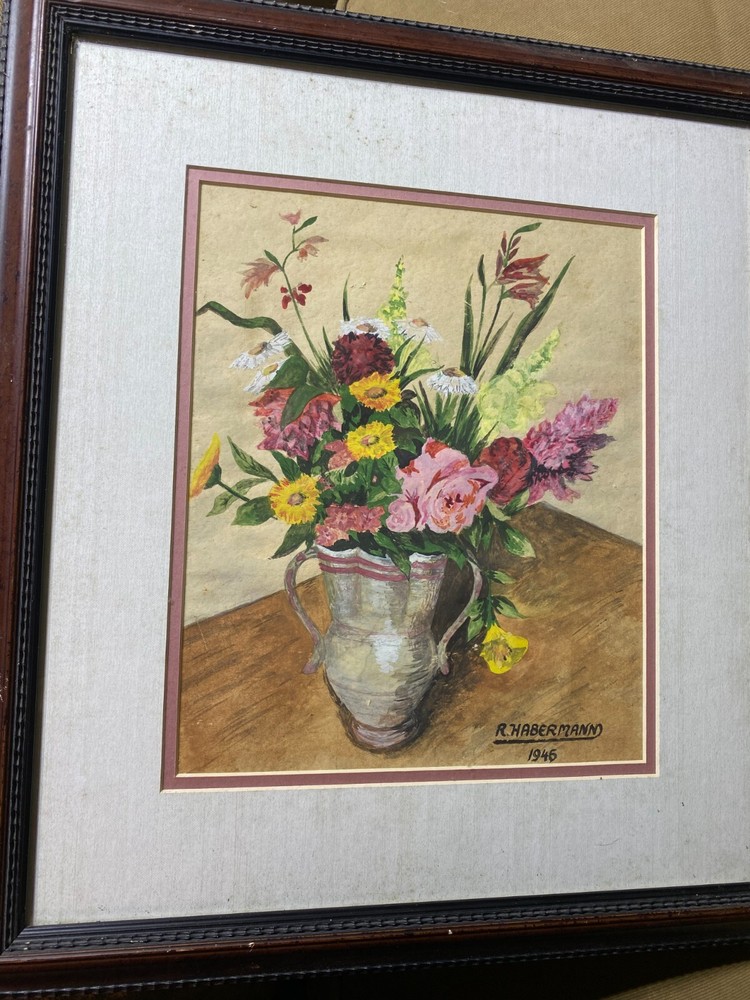 R Habermann 1966 „Still Life With Flowers Scene“ Gouache Painting -Signed/Framed
