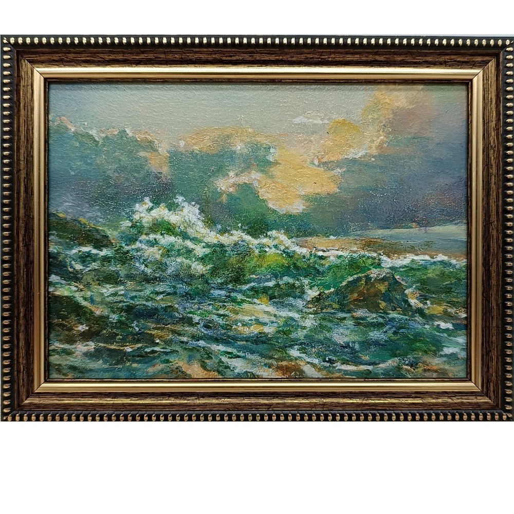 Seascape Original Oil Painting 7×5 Framed Signed Sunset Ocean Wave Beach Art