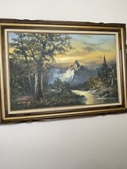 L HARDING PAINTING ON CANVAS / LANDSCAPE MOUNTAINS WATERFALL SIGNED FRAMED