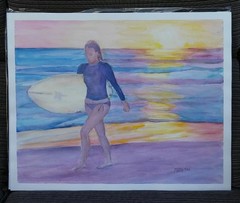 Surfer Girl Sunset Original Watercolor Paint RAMfish Artist Oceanside 16″ X 20″