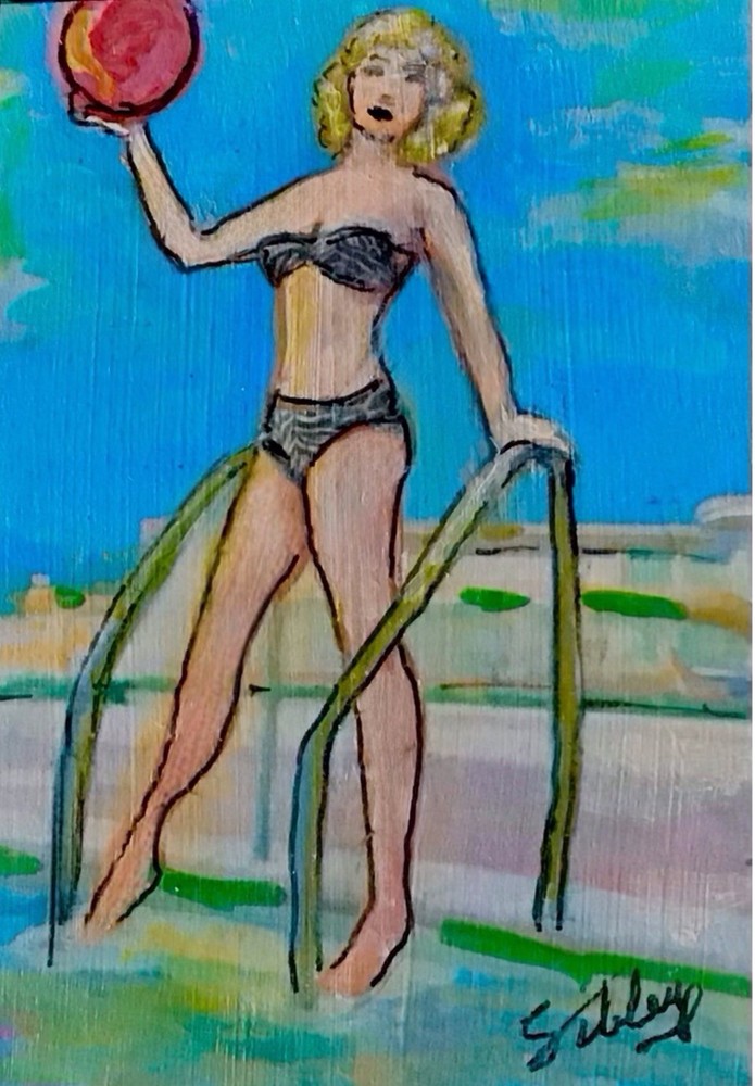 ACEO Original Painting Bathing Beauty Blonde Woman Bikini Pool 2.5×3.5”
