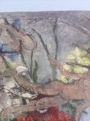 Antique Painting Burliuk Or Chagall Style Era Unsigned Surreal Nude Floral Large