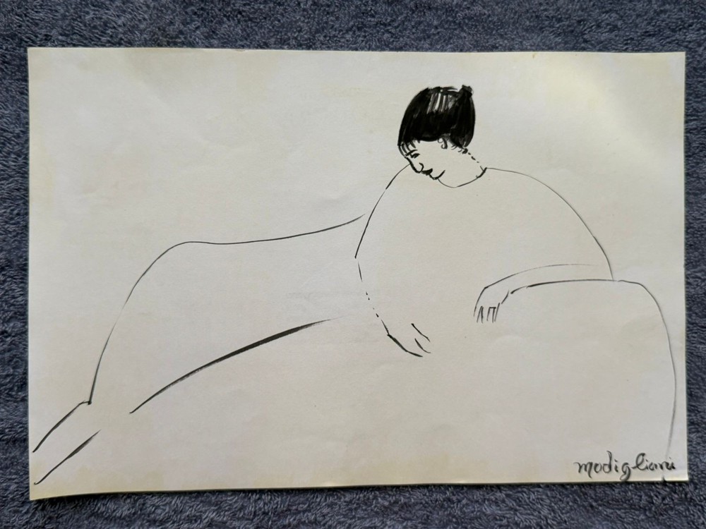 AMEDEO MODIGLIANI drawing and painting on old paper signed stamped vintage