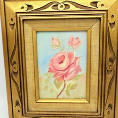 Vtg Signed Floral Oil Painting Light Pink Roses Bouquet in Gold Wooden Frame