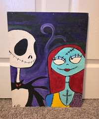 Signed Small Unframed Canvas Painting Jack And Sally Nightmare Before Christmas