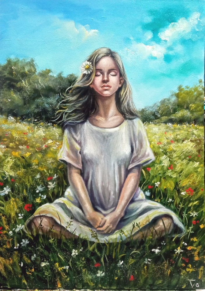 Original Painting Meditation Woman and Nature Artwork, Woman Portrait, Ukraine