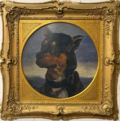 Attr. Robert Walker Terrier Dog Portrait Tondo Oil on Board Antique Framed