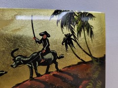 Vtg Vietnamese Lacquer Painting Gold Leaf Water Buffalo Sun Art Plaque 8.5″ x 4″