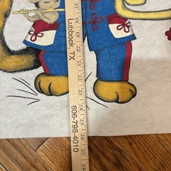 Vtg Whimsical Art Drawing Painting “Happy Cat” Tuba Mice On Felt Cloth 60s