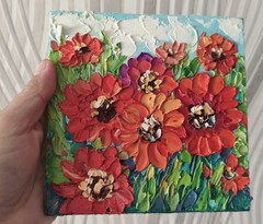 Zinnia Oil Painting Original Miniature  6×6 in Floral Impasto Signed  Art