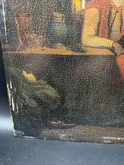 Antique Italian 19thC Oil Painting Tavern Scene Couple Candlelight on Panel
