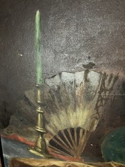 ANTIQUE ROSEWOOD FRAME STILL LIFE PAINTING FAN PEWTER CANDLE STICK Pottery
