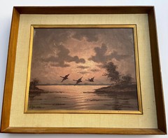 Sunset Evening Painting Landscape Water Flaying Birds Signed 1960’s Mystery Oil