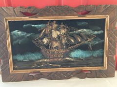 Vtg Mexican Art Black Velvet Drip Painting Ship 25×16 Wood Frame Has Flaws
