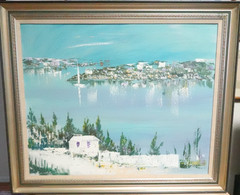 ALFRED BIRDSEY HUGE ORIGINAL OIL ON CANVAS BERMUDA SEAPORT SCENE PAINTING 1986