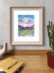 Full Moon Over Mountains And Meadows Imxpressionist Original Watercolor 9×12