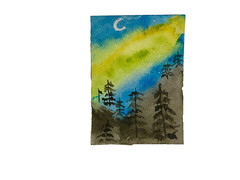 ACEO Original Aurora northern lights landscape stars ATC OOAK Cherie Donnell