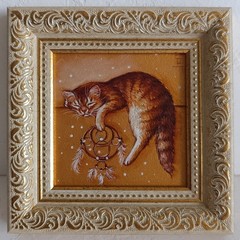 Sweet Sleeping Ginger Cat Framed Original Oil Painting 4×4 in