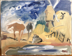 Cows In Cubist Landscape With Windmills Oil On Canvas 18”x14” Painting Original