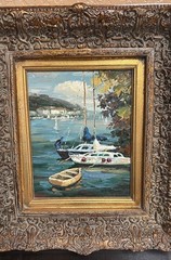 Impressionist Style Canvas Oil Painting Boats In Harbor Scene Ornate Frame