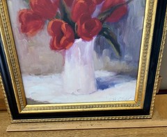 VTG Original Oil Painting “Red Tulips” By Bunny Oliver Signed Framed 16”x16”