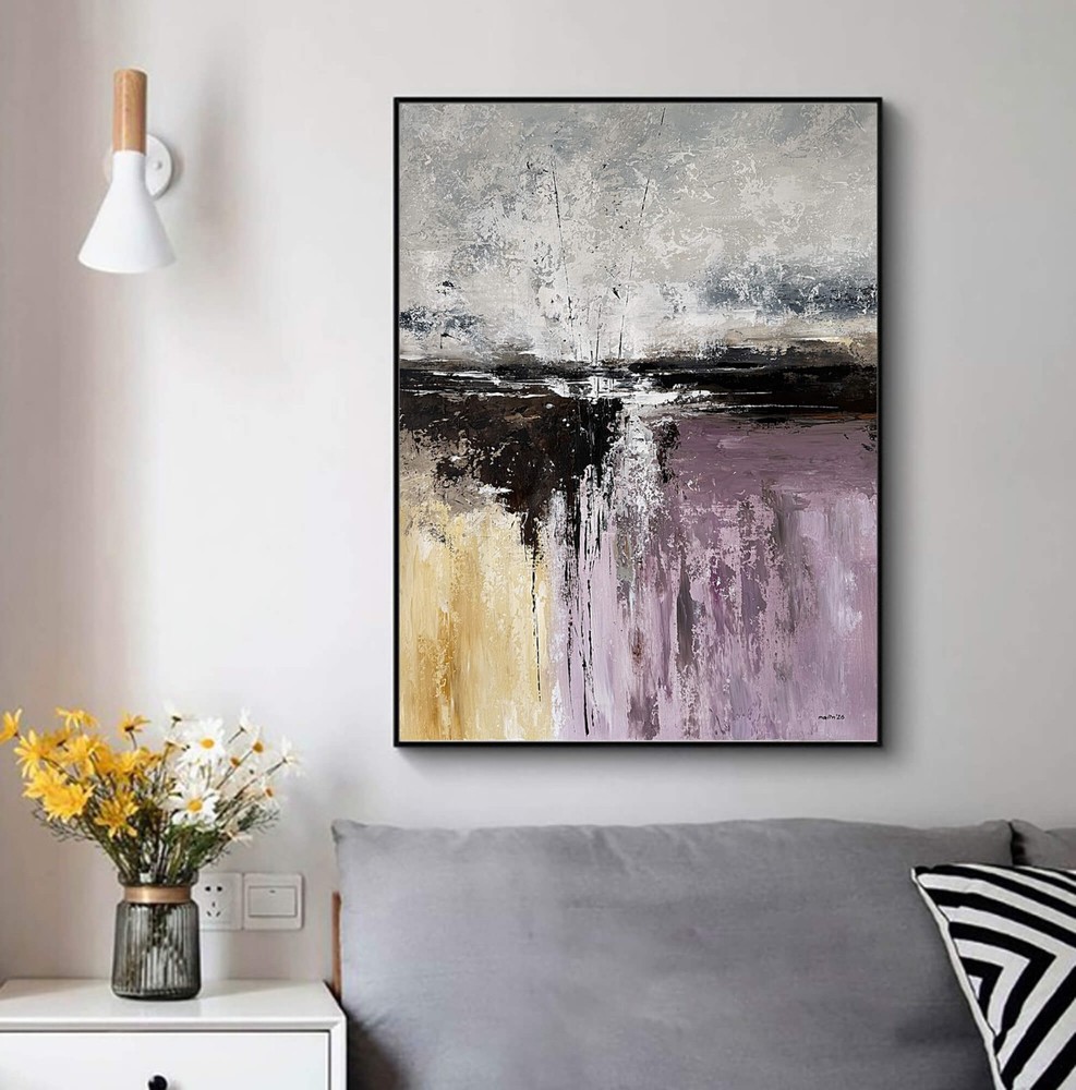 Beige Violet Abstract Painting Textured Modern Neutral Wall Art Canvas 28×36