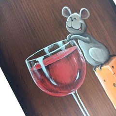 Mouse With Cheese And Wine Original Painting On Wood Signed Eddie Handpainted #2