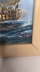 J. Harvey Oil on Canvas Painting • 19th Century French Warship Battling •