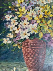 A.F.Kirsch ? Flower Still Life Vase Colorful Flowers Leaves Light Shadow Antique