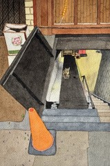 Original watercolor CHINATOWN CAT, city street scene one of a kind artwork